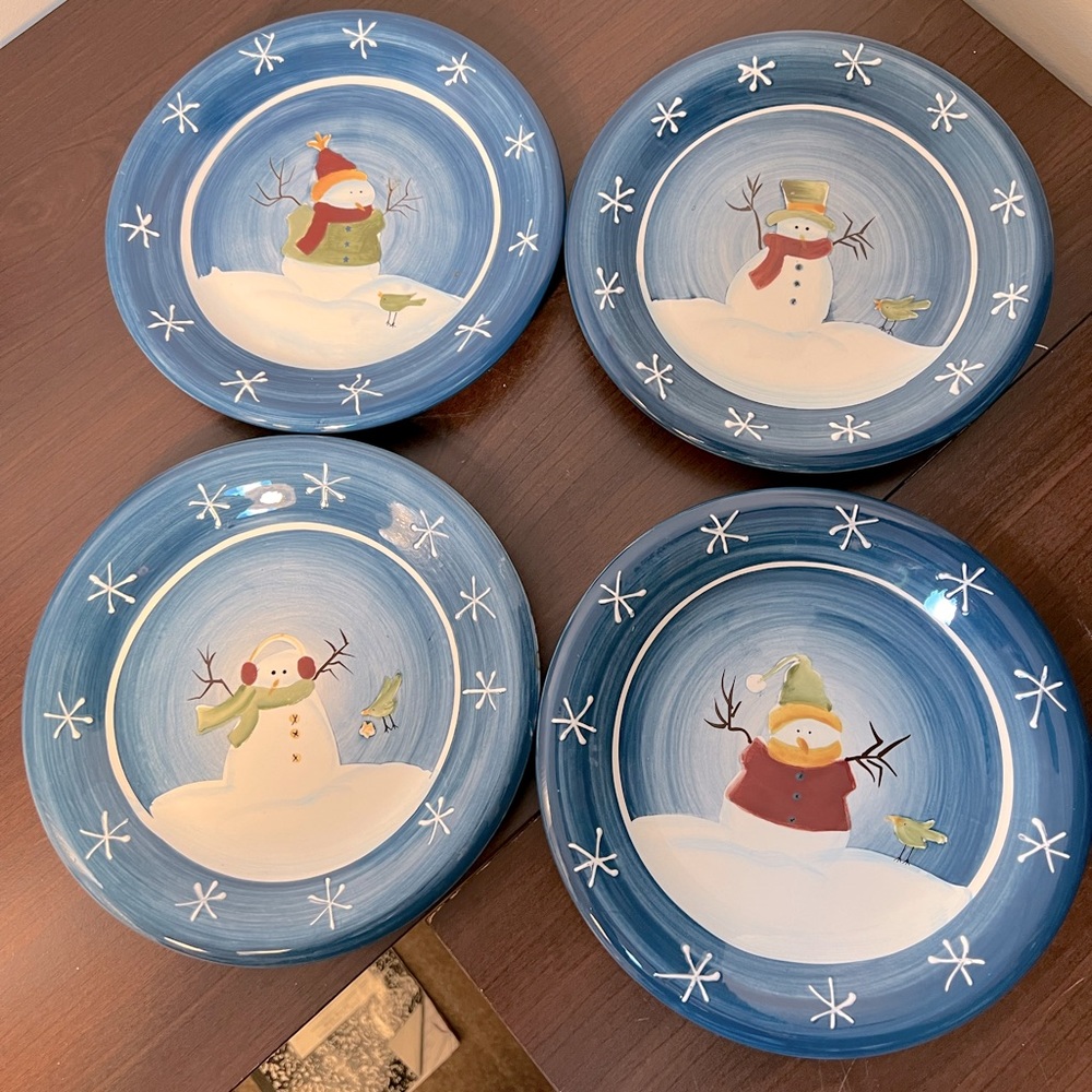 Sonoma Make the Season Bright Hand Painted Holiday Snowmen 8" Plates-Set Of 4.